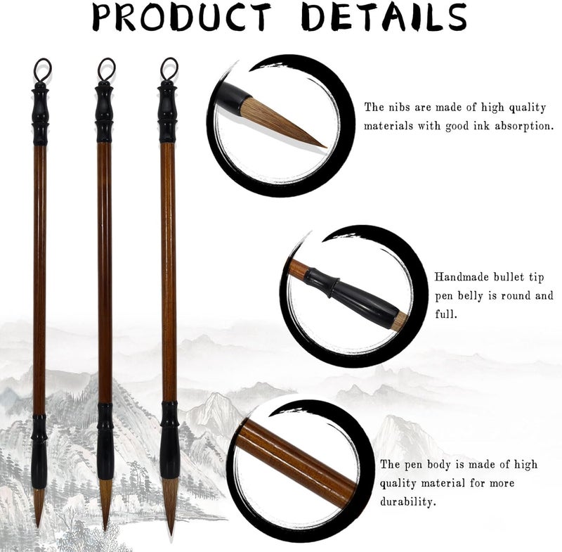 Bagentry 3 Pcs Traditional Wolf Hair Chinese Calligraphy Brushes, 3 Size Sumi Brushes for Ink Painting Writing Drawing, Art Chinese Ink Brush for Beginner Professional Practice (S, M & L) - Image 5